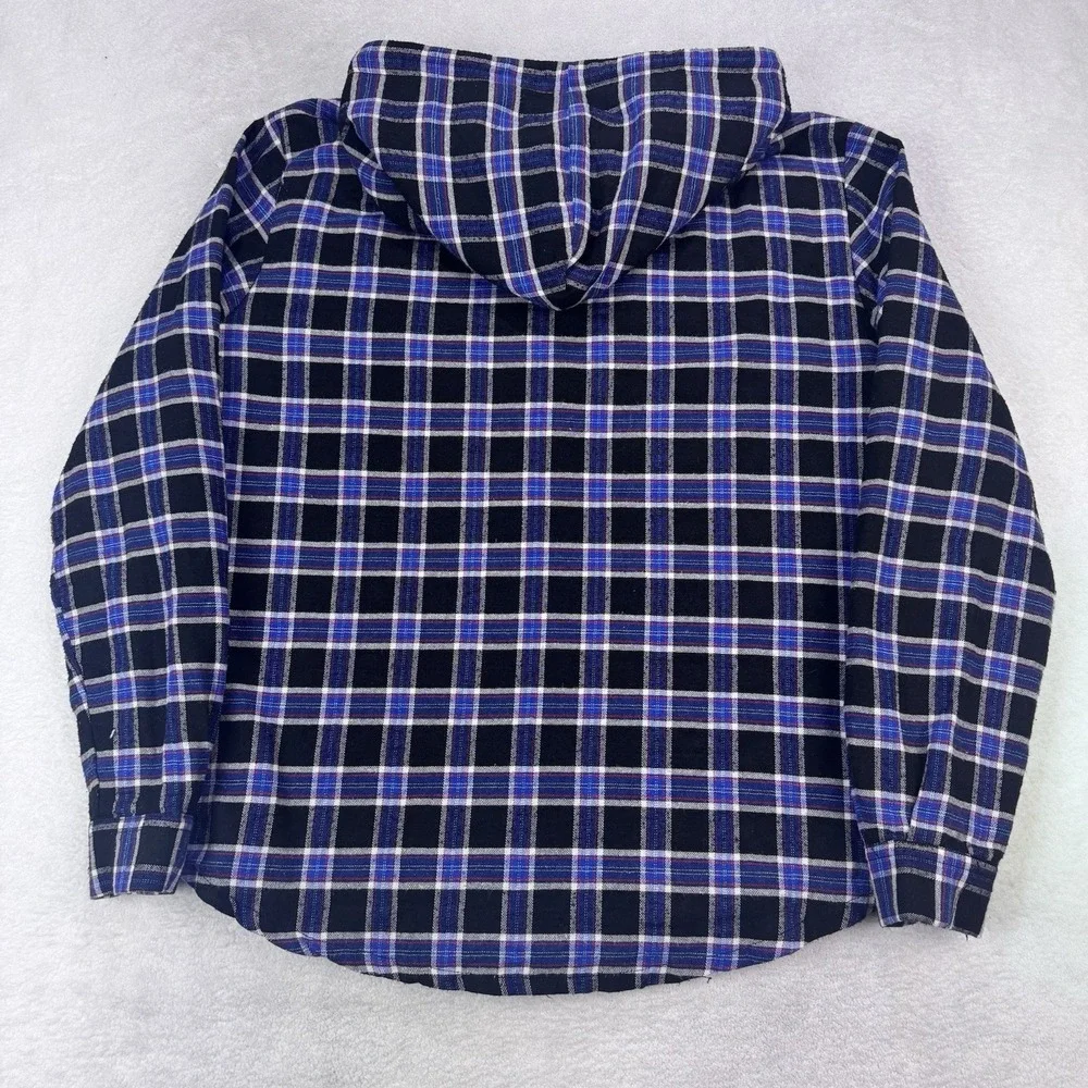 BoohooMAN Shacket Mens M Plaid Sherpa Lined Hooded Flannel Jacket Blue Black